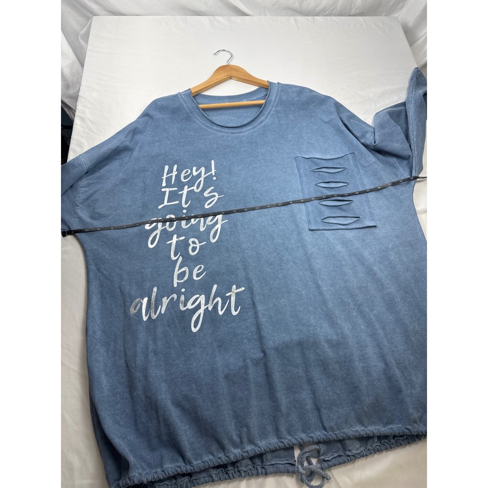 Made in Italy Oversized Graphic Sweatshirt Blue Distressed Pocket Drawstring Hem - Picture 7 of 9